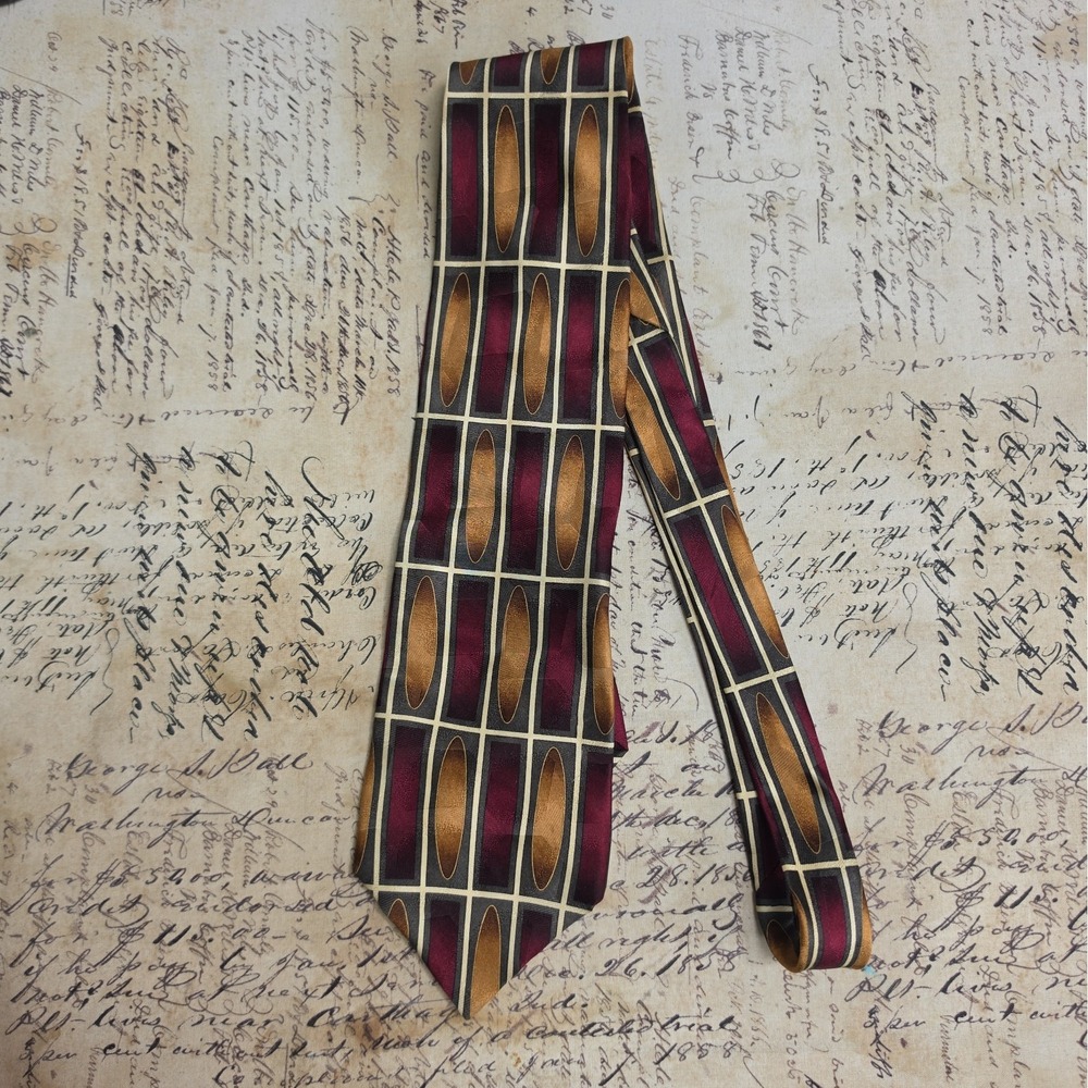 Ziggurat Tie Men's Classic Length 100% Silk Black/Burgundy/Tan